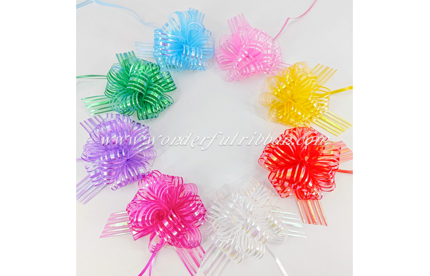 Iridescent 5 Lines Organza Pom Pom Pull Bow